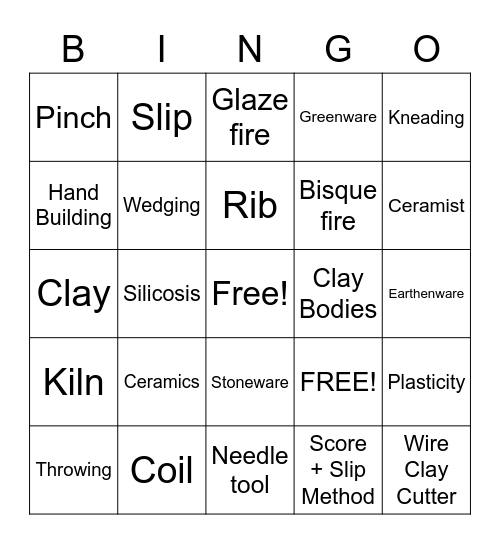 Ceramic Vocabulary Bingo Card