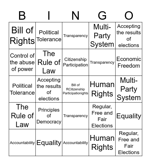 Principles of Democracy Bingo Card