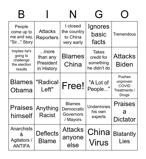 Trump Twitter / Presser Bingo Card Bingo Card