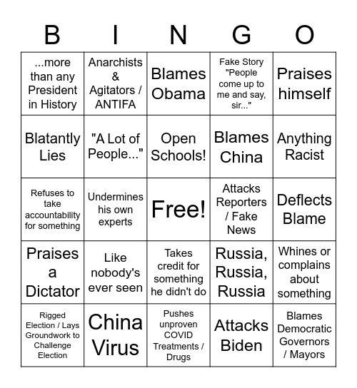 Trump Twitter / Presser Bingo Card Bingo Card