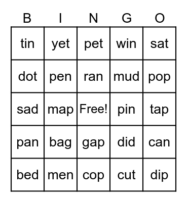Short Vowels Bingo Card