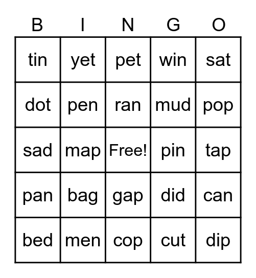 Short Vowels Bingo Card