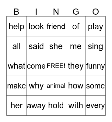 1st grade High Frequency Bingo Card