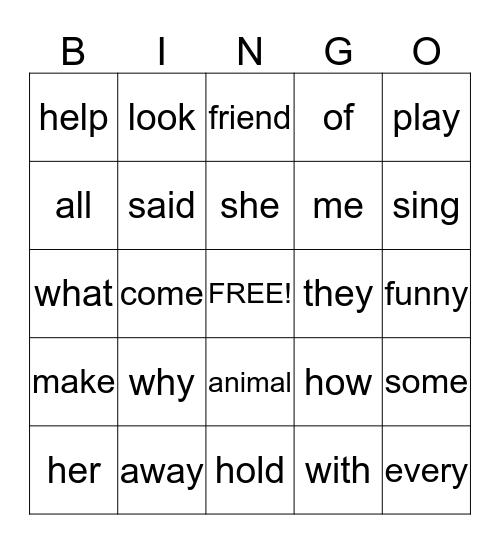 1st grade High Frequency Bingo Card