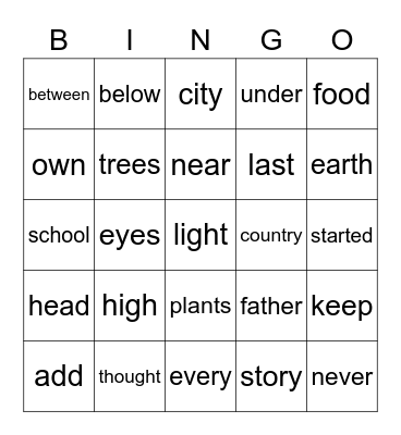 Fry 201-225 Bingo Card