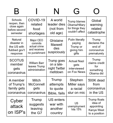 Remainder of 2020 Bingo Card