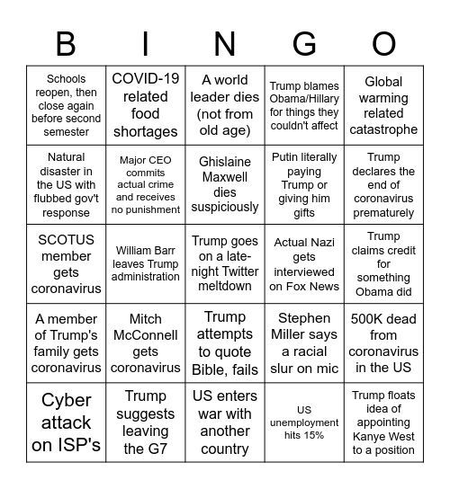 Remainder of 2020 Bingo Card