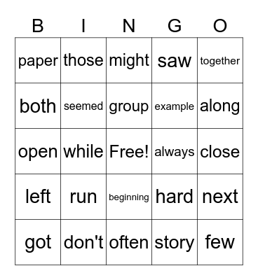 Sight Words Bingo Card