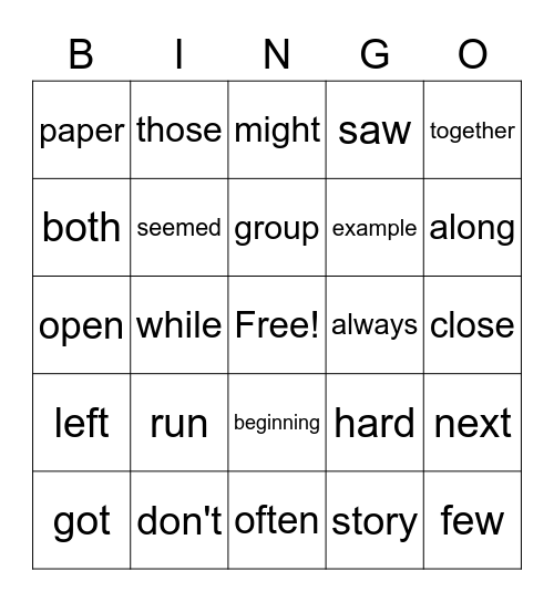 Sight Words Bingo Card