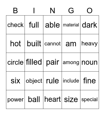 Sight Words Bingo Card
