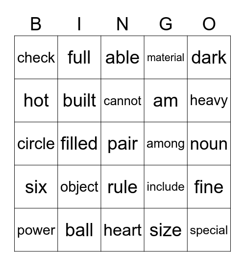 Sight Words Bingo Card