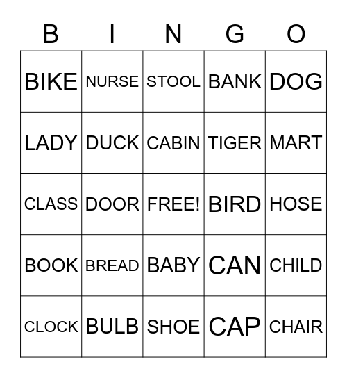 Nouns Bingo Card