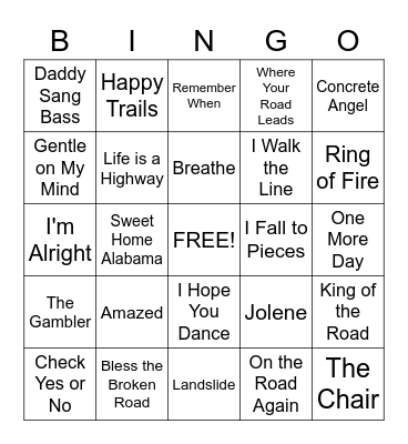Country Song Bingo Card
