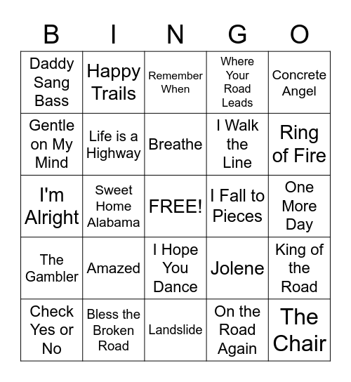 Country Song Bingo Card