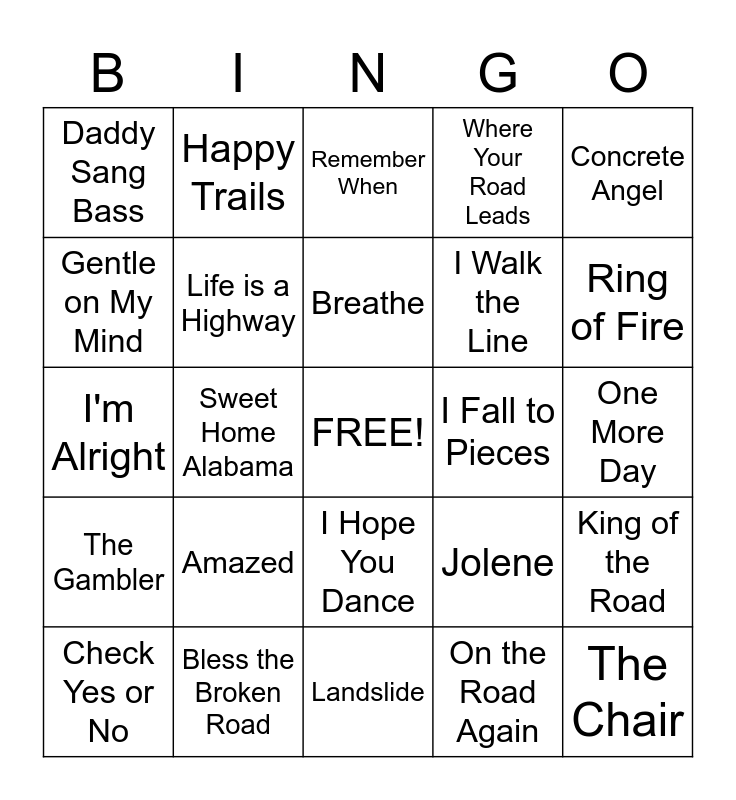 Country Song Bingo Card