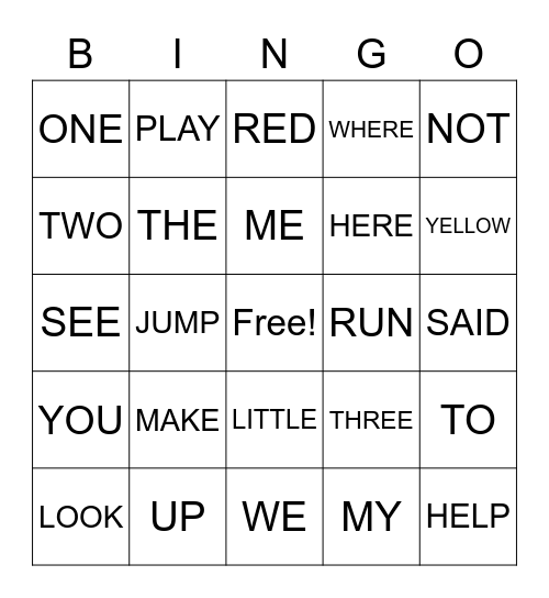 Sight Words Bingo Card
