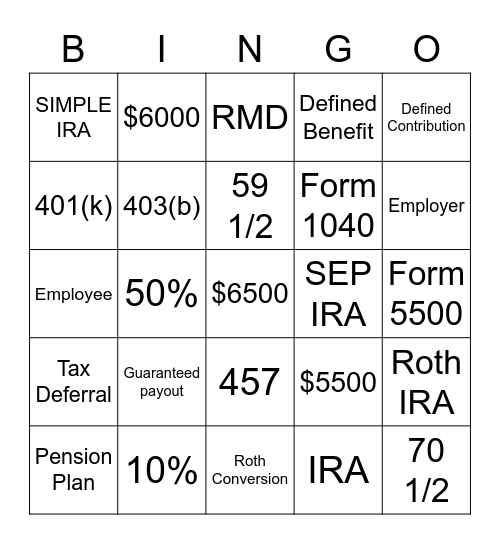 Retirement Plan FAQs Bingo Card