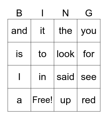 Sight Words Bingo Card