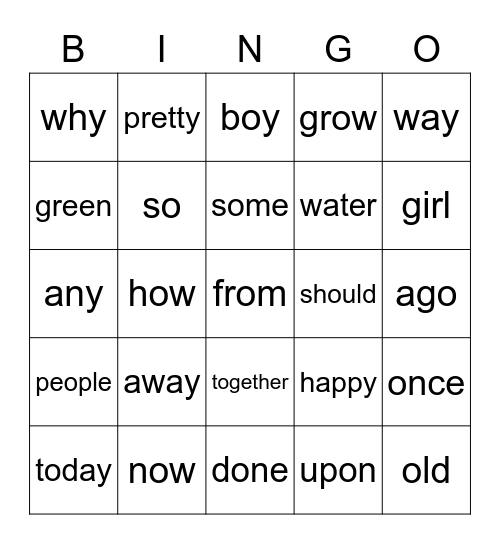 Sight Words Bingo Card
