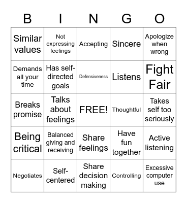 Healthy Relationships Bingo  Bingo Card