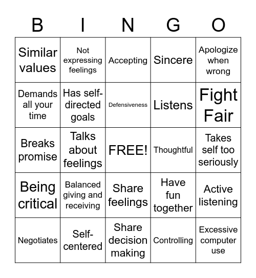 Healthy Relationships Bingo  Bingo Card