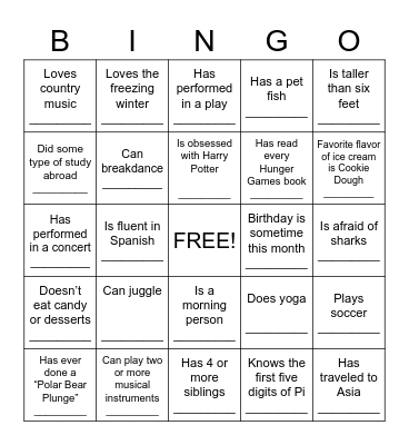 Getting to Know You Bingo Card