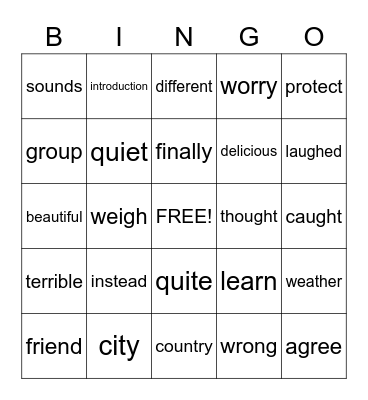 Vocabulary Bingo Card