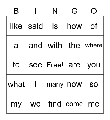 Sight Words Bingo Card