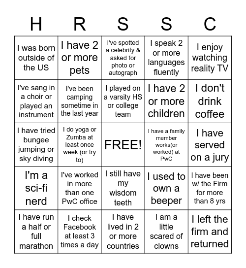 People Bingo - HR SSC Managers Bingo Card