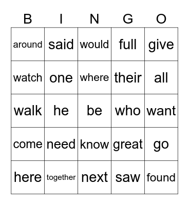 Vocabulary Bingo Card