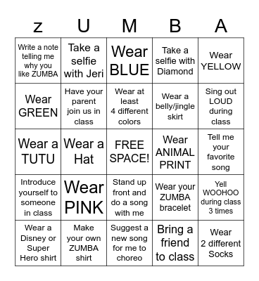 Z-U-M-B-A KIDS Bingo Card