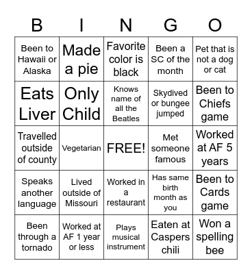 GETTING TO KNOW YOU BINGO Card