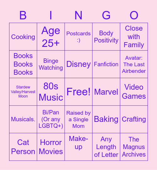 Cheyenne Penpal Bingo Card