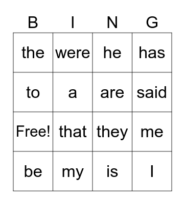 Sight Words Bingo Card