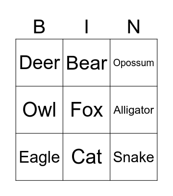 Pets V Wild life Bingo Card
