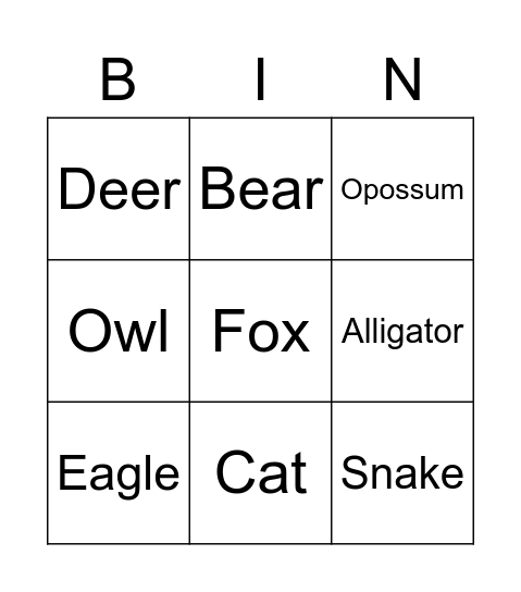 Pets V Wild life Bingo Card