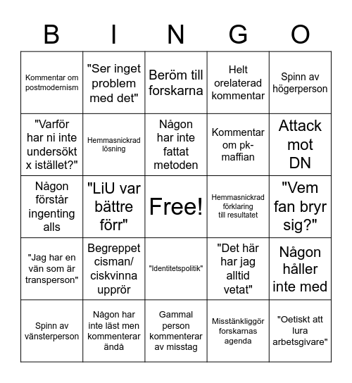 Kommentarsbingo! Bingo Card