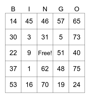 BINGO (1-75) Bingo Card