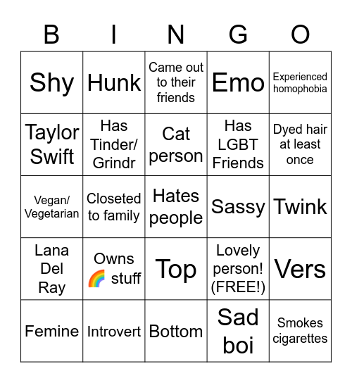 Gay Bingo Card