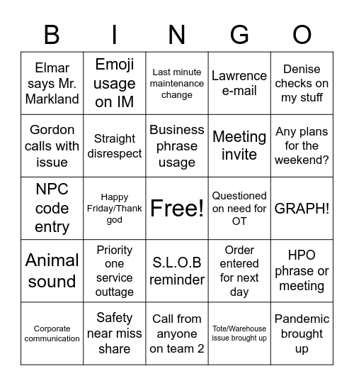 work bingo Card