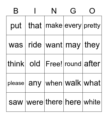 Evan's Word List Bingo Card