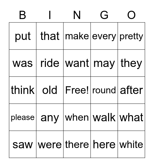 Evan's Word List Bingo Card