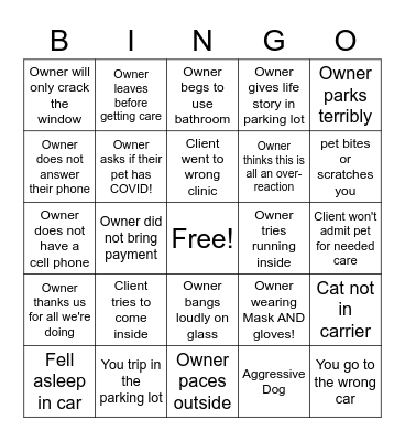 Covid-19 Veterinary Curbside Bingo Card