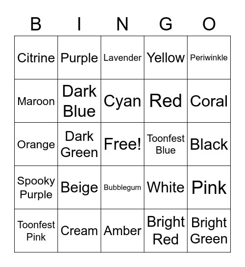 Toon Colors Bingo Card