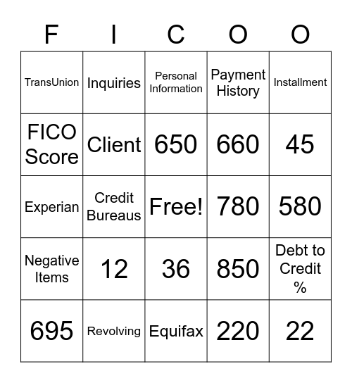 Credit Score Bingo Card