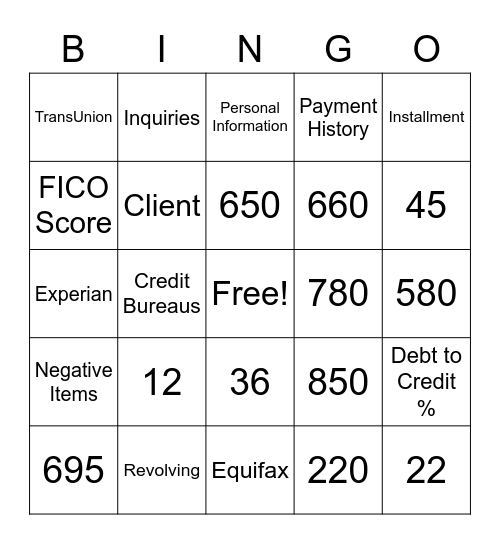 Credit Score Bingo Card