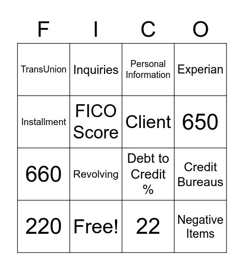 Credit Score Bingo Card