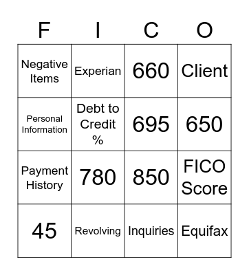 Credit Score Bingo Card