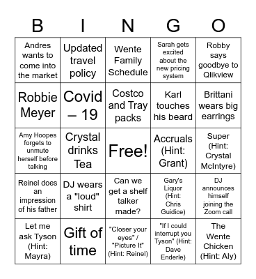 Global Sales Meeting 2020 Bingo Card