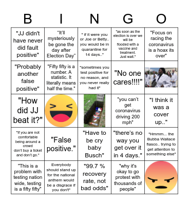 COVID Edition NASCAR Boomer Bingo Card